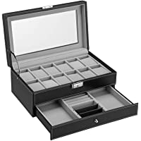 SONGMICS Caja de Reloj de 2 Capas- Caja de Reloj de 12 Ranuras con un Cajón- Tapa de Cristal- para Anillos- Pulseras…
